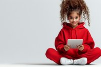 Young African American girl with curly hair wearing red hoodie and sweatpants sits cross-legged holding digital tablet, smiling against light background.