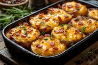 Twice baked potatoes loaded with melted cheese, crispy bacon bits and fresh herbs served in cast iron baking dish, close up view of homestyle comfort food.