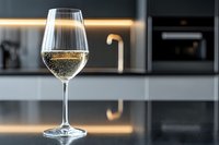 Glass of sparkling white wine on modern kitchen counter with elegant lighting and contemporary appliances in background for luxury dining concepts.