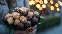 Romantic bouquet combining cream roses and chocolate truffles held in hands against blurred golden bokeh lights background, creating luxurious gift composition.
