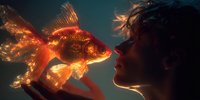 Young woman with curly hair gently kissing glowing orange goldfish in dreamy underwater fantasy scene with magical lighting effects for creative projects.