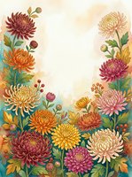 Autumn chrysanthemum flowers frame with colorful blooms and leaves on textured background for seasonal greeting cards and fall decorations.