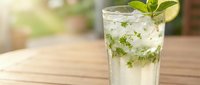 Refreshing mojito cocktail with fresh mint leaves and lime in tall glass on wooden table. Perfect summer drink for bars, restaurants and beverage menus.