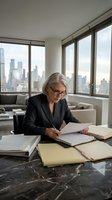 Senior businesswoman with gray hair and glasses reviewing documents at marble desk in modern office with city skyline view through large windows.