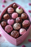 Assorted chocolate truffles and pralines in pink heart-shaped box. Luxury bonbons with heart decorations, pink sprinkles and white drizzle for Valentine's Day or romantic gift.