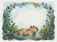Watercolor capybara surrounded by botanical wreath with leaves and flowers on soft background for nature designs and greeting cards.