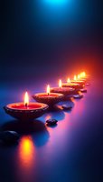 Glowing red candles in decorative holders arranged in line with zen stones, illuminating dark background with warm light and blue mystical atmosphere.