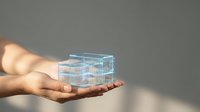 Transparent glass cube structure floating above open palm showcasing modern technology concept for business presentations and digital innovation projects.