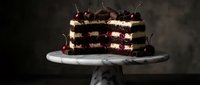 Decadent chocolate layer cake with fresh cherries and cream filling on marble cake stand against dark moody background for dessert menu design.