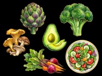 Colorful illustrated vegetables set with artichoke, broccoli, avocado, mushrooms, beets, carrots, and salad bowl, isolated on transparent background, ready for stickers, clipart, and t-shirt design.