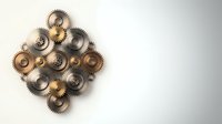 Vintage mechanical gears and cogs arranged in diamond pattern on white background for industrial design projects and steampunk concepts.