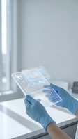 Scientist in blue gloves holding transparent tablet with holographic data interface in modern laboratory for medical research and digital healthcare technology.