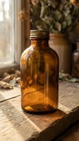 Amber glass bottle with metal cap on rustic wooden surface in warm natural light for herbal medicine, aromatherapy and organic skincare products.
