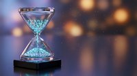 Futuristic digital hourglass with glowing cyan sand particles on dark surface against bokeh lights background for time management concepts.