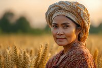 Asian woman farmer in traditional headscarf smiling at sunset in golden wheat field, wearing ethnic patterned clothing, warm evening light illuminating agricultural scene.