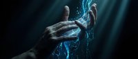 Hands touching glowing blue energy stream in dark dramatic light, magical power concept for fantasy, sci-fi, and technology design projects.