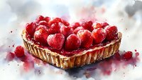 Heart-shaped strawberry tart with fresh red berries and glazed topping on light background, watercolor style artwork for Valentine's Day and romantic designs.