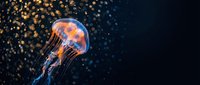 Luminous jellyfish floating in dark ocean water with glowing tentacles and translucent bell-shaped body against sparkling bokeh background.