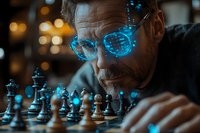 Mature Caucasian man with beard wearing glowing blue glasses concentrates on chess game with digital holographic effects in dark atmospheric setting.