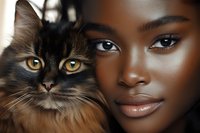 Young African American woman with flawless dark skin and natural makeup poses with fluffy Maine Coon cat featuring striking amber eyes, creating artistic portrait.