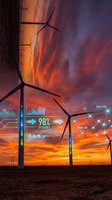 Wind turbines with digital smart grid interface displaying efficiency data against dramatic sunset sky for renewable energy technology concepts.