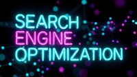 Neon glowing search engine optimization text with colorful bokeh lights on dark background for digital marketing and SEO business concepts.