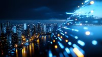 Modern cityscape at night with illuminated skyscrapers reflecting in water, overlaid with dynamic blue light trails and glowing particles creating futuristic technology concept.