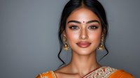 Young South Asian woman wearing traditional gold jewelry and orange sari with embroidery, band elegant hairstyle against gray background.