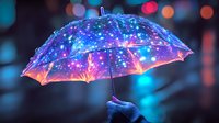 Glowing umbrella with magical sparkles and lights against dark background creates dreamy atmosphere, illuminated by blue and pink bokeh effects.