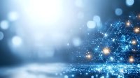 Abstract digital network with glowing particles and bokeh lights on blue gradient background for technology and data visualization concepts.