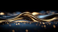 Luxurious golden wave pattern with glittering particles on dark background creates elegant flowing design. Abstract composition with bokeh effect and metallic texture.