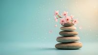 Zen stone stack with delicate pink cherry blossoms and floating petals on soft gradient background for meditation wellness spa relaxation mindfulness concepts.