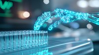 Glowing digital hand reaching towards laboratory test tubes in futuristic science lab setting with blue neon lighting and bokeh effects, representing AI in medical research.
