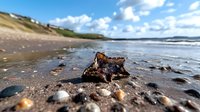 Starfish on wet sandy beach with shallow ocean water, coastal landscape and blue sky with clouds in background.