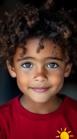 Young African American child with natural curly hair wearing red t-shirt smiles warmly at camera in close-up portrait with soft lighting and blurred background.