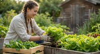 Young woman with braided hair harvesting fresh lettuce in raised garden bed at organic farm with wooden shed background for sustainable agriculture content.