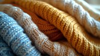 Cozy knitted sweaters in pastel colors folded in layers showing detailed cable and ribbed patterns, perfect for winter fashion and lifestyle content.