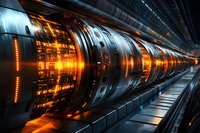 Futuristic metallic tunnel with glowing orange lights and reflective surfaces creates dramatic sci-fi atmosphere. Industrial technology concept with perspective view.