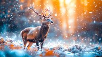 Majestic deer with antlers standing in snowy winter forest at sunset, orange and blue tones create magical atmosphere with falling snow and bokeh effect.