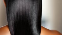 Silky smooth straight black hair close up showing healthy shine and glossy texture against soft blurred background, beauty and haircare concept.