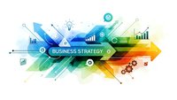Modern business strategy concept with colorful geometric shapes, charts, graphs and icons on white background for corporate presentations.