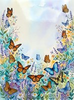 Watercolor spring garden frame with colorful butterflies and wildflowers on soft pastel background for greeting cards and nature designs.