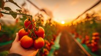 Fresh ripe red tomatoes on vine held by farmer's hand against sunset background in greenhouse, organic farming and agriculture concept at harvest time.