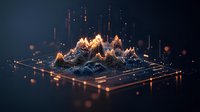 Glowing mountain range visualization on digital grid with light particles and vertical beams against dark background, modern data landscape representation.
