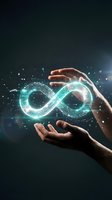 Hands protecting glowing infinity symbol with circuit patterns representing endless possibilities, sustainable technology and digital transformation concepts.