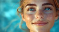 Close up portrait of young woman with freckles and bright blue eyes smiling against turquoise background, natural beauty and fresh summer look.