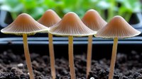 Row of small brown mushrooms growing in dark soil with green blurred background, macro nature photography showing delicate gills and stems in natural light.