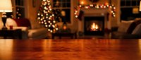Warm wooden table surface with blurred Christmas living room background featuring twinkling lights, fireplace and festive holiday decorations for product display.