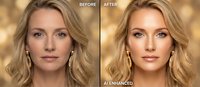 Woman with long wavy blonde hair, fair complexion, and neutral expression shown in before and after comparison demonstrating facial enhancement and retouching results.