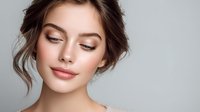 Young woman with natural makeup, glowing skin, and romantic updo hairstyle on light background. Professional beauty portrait showcasing fresh, minimal cosmetics look.